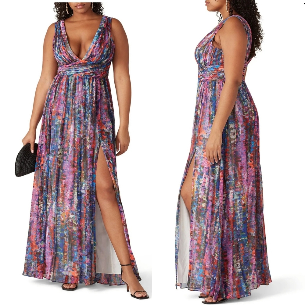 Aidan by Aidan Mattox Multicolor Floral Maxi Dress - Purple, Pink, Blue